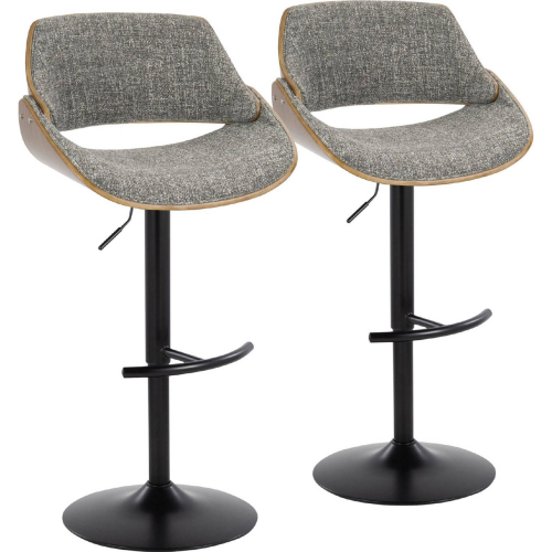 Fabrizzi Adjustable Bar Stool in Walnut Wood, Black Metal & Noise Grey Fabric (Set of 2)